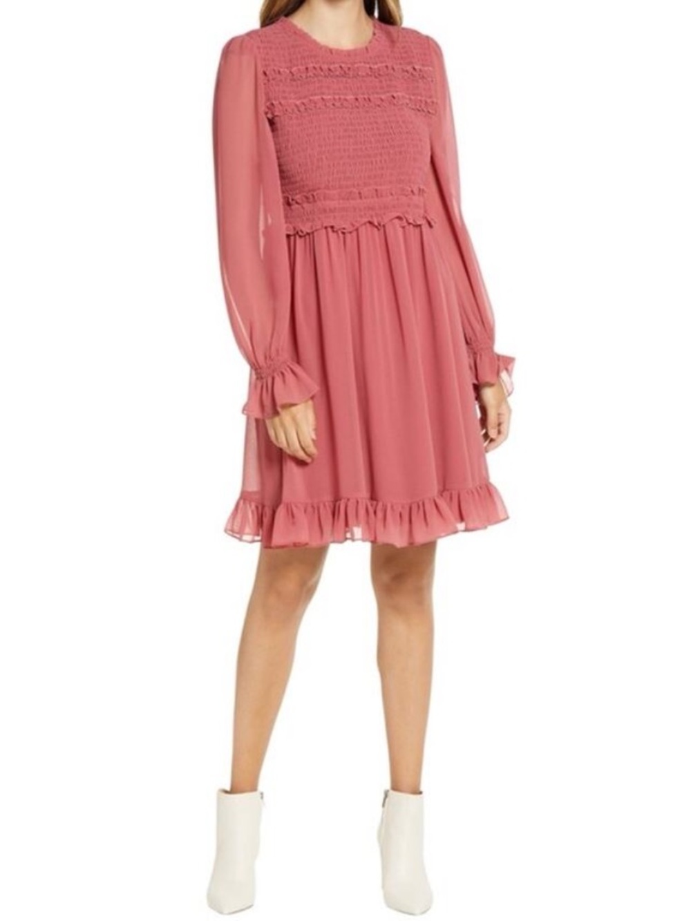 Rachel Parcell Smocked Long-Sleeve Ruffle Chiffon Dress - Dusty Rose Sz XL